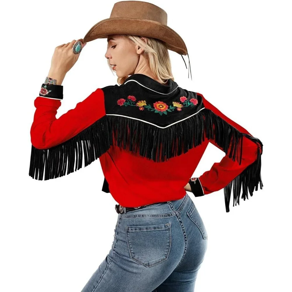 Women's Red Fringe Long Sleeve Floral Embroidered Button Down Blouse Shirts - Picture 2 of 5